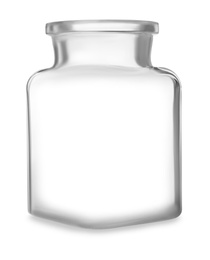 Photo of Open empty glass jar isolated on white
