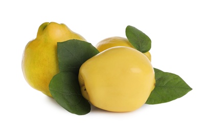 Photo of Ripe quinces with leaves on white background