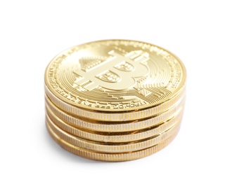 Photo of Stack of bitcoins isolated on white. Digital currency