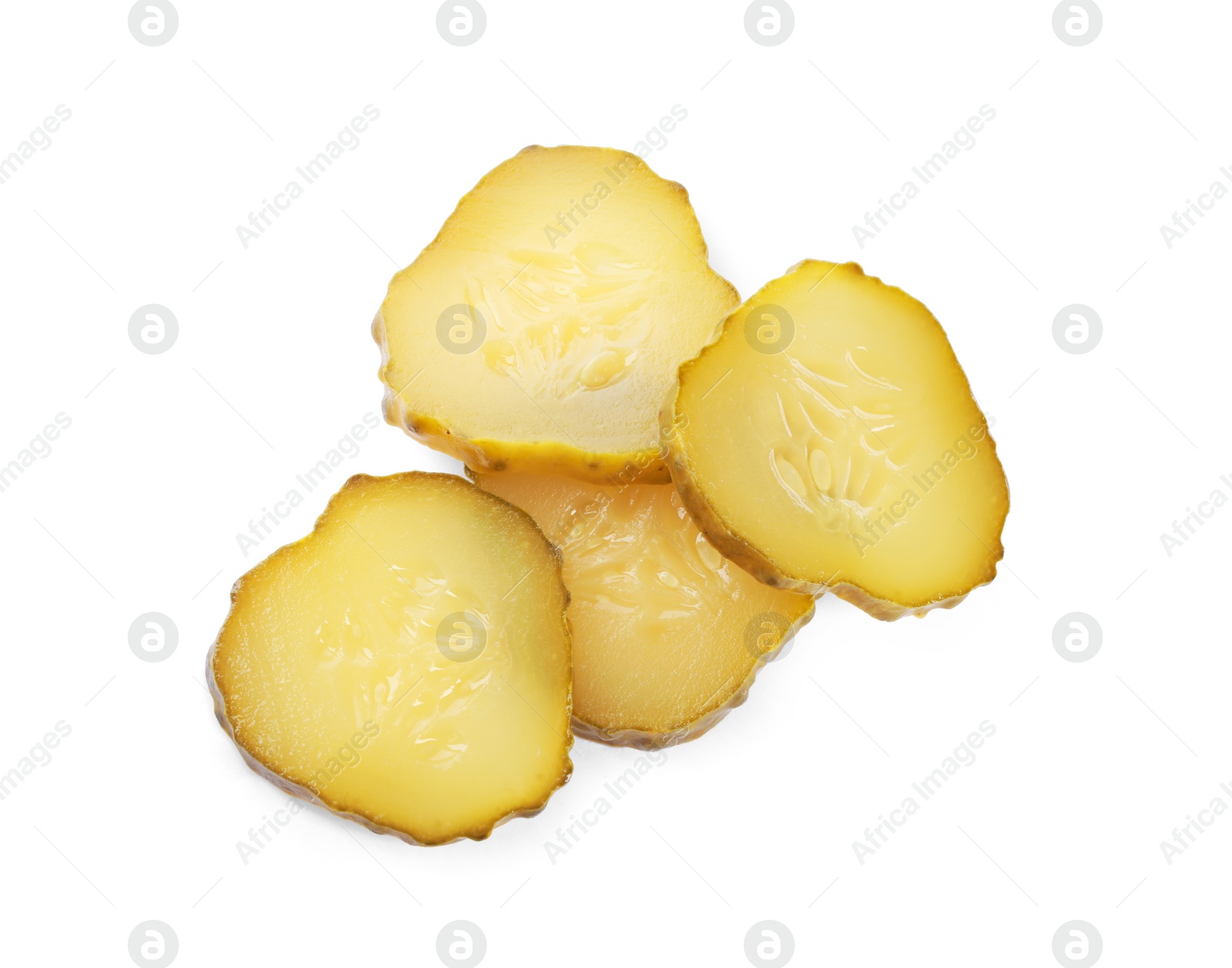 Photo of Slices of pickled cucumbers for burger on white background