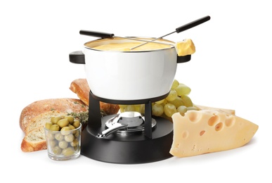 Photo of Composition with pot of delicious cheese fondue on white background