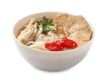 Photo of Delicious ramen with meat and mushrooms in bowl isolated on white. Noodle soup