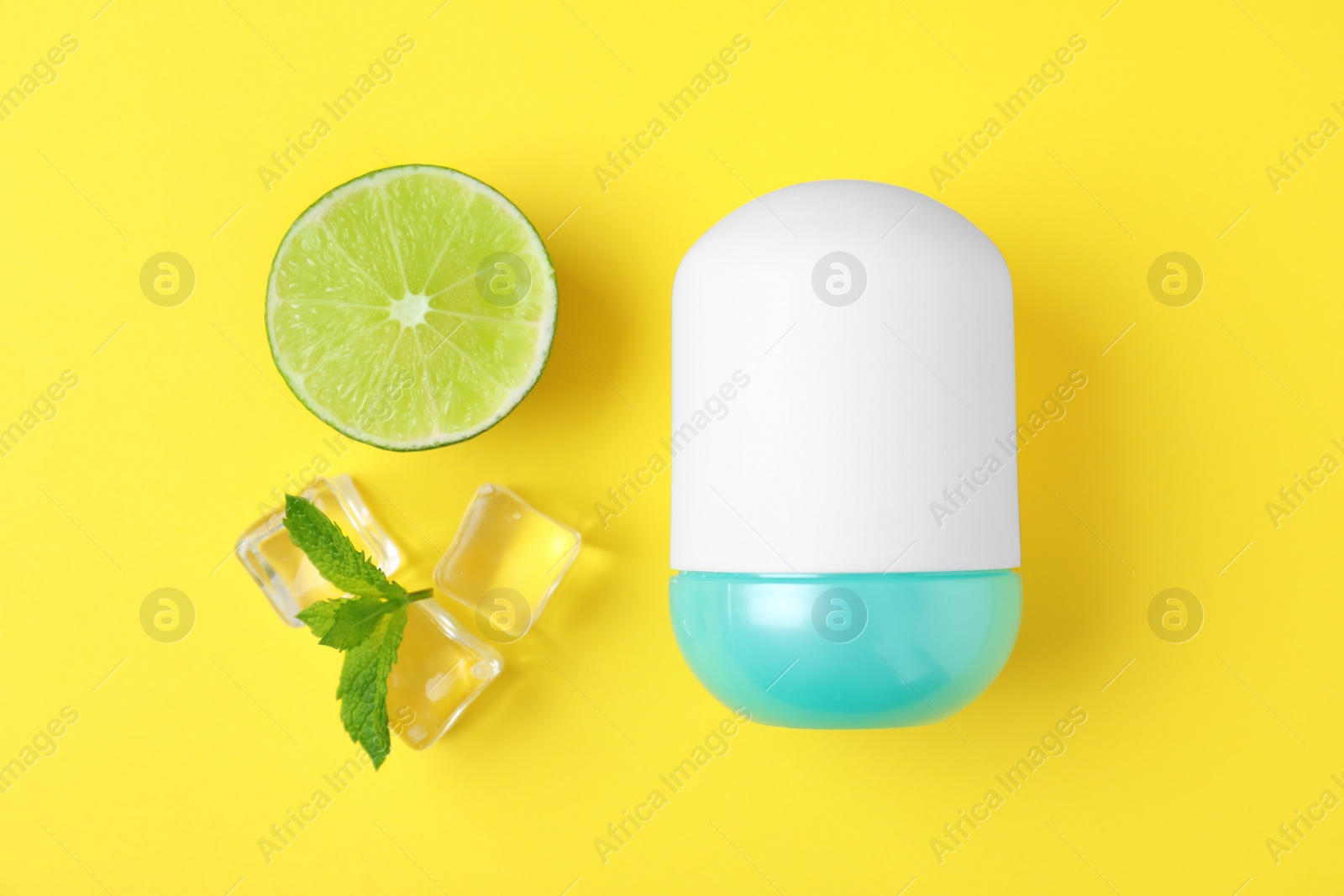 Photo of Flat lay composition with natural female deodorant on yellow background