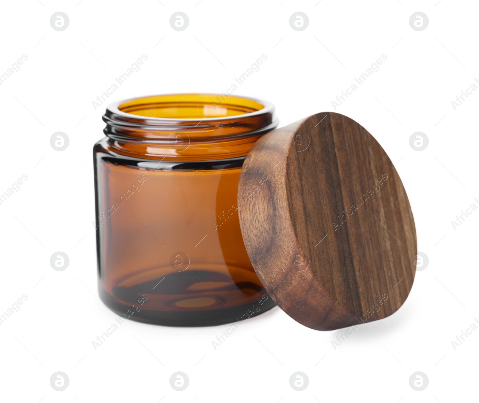 Photo of New empty glass jar with wooden lid isolated on white