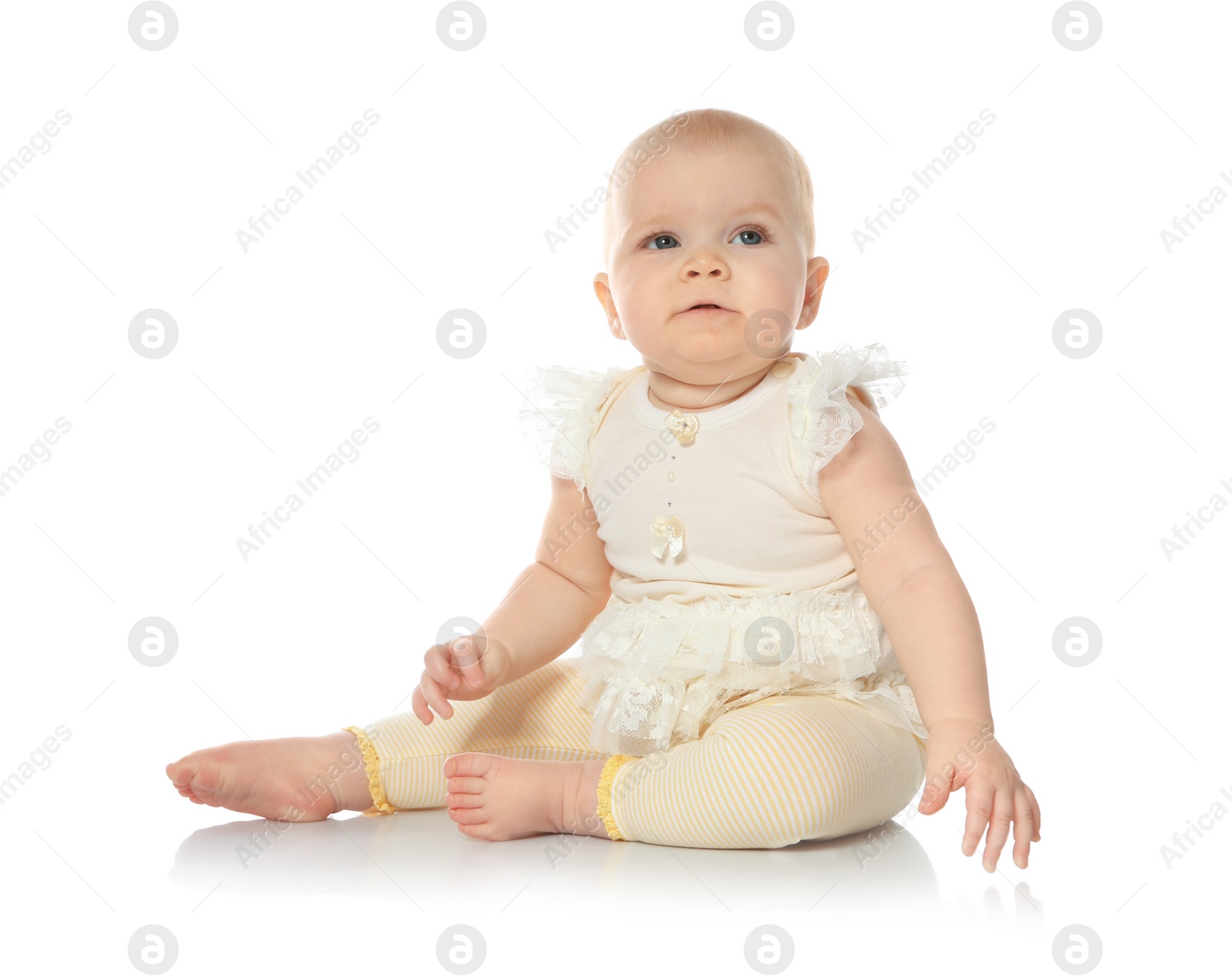 Photo of Cute little baby on white background. Crawling time