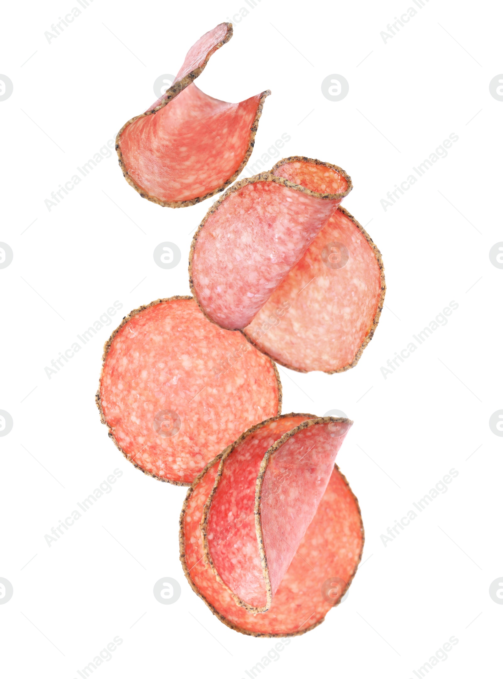 Image of Set of flying cut fresh sausage on white background