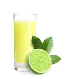 Image of Glass of lime juice, fresh fruit and green leaves on white background