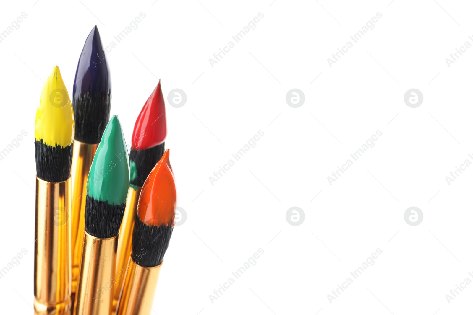 Photo of Brushes with colorful paints on white background