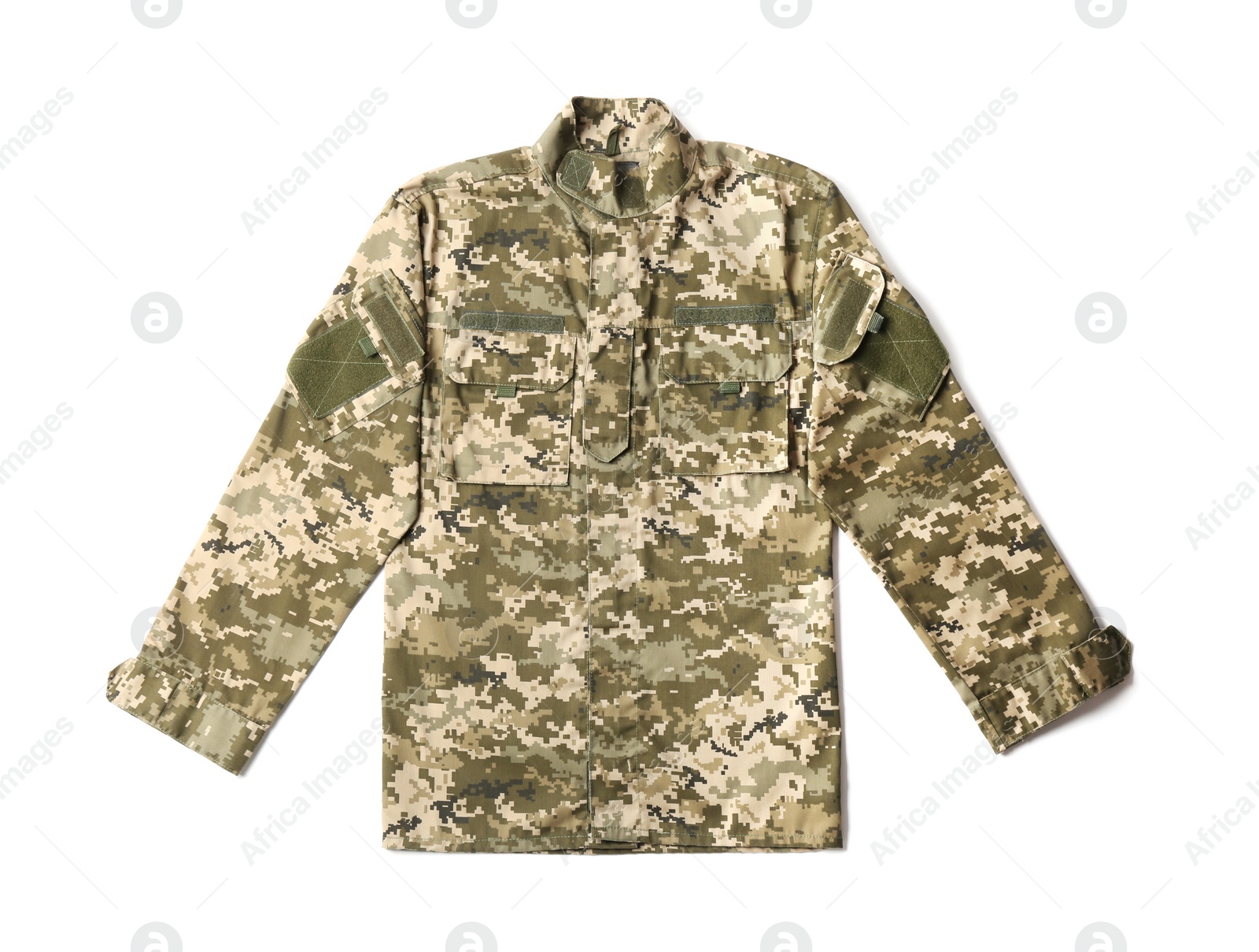 Photo of Military clothes on white background
