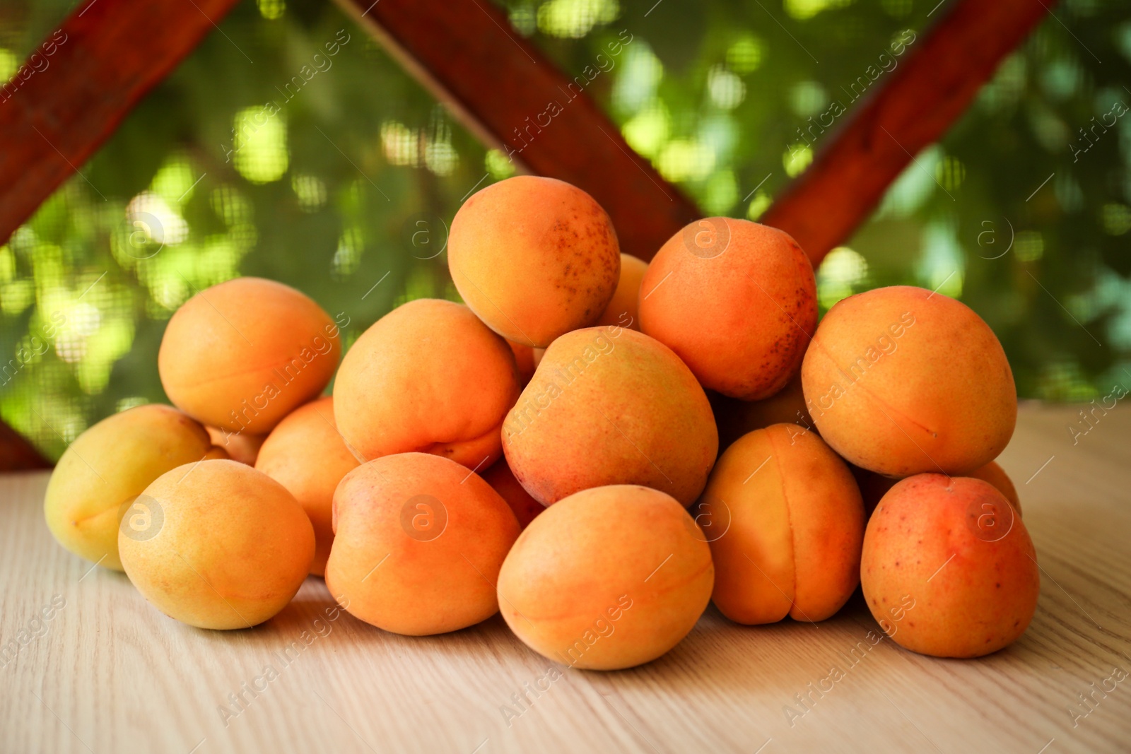 Photo of Heap of delicious ripe apricots on wooden table outdoors