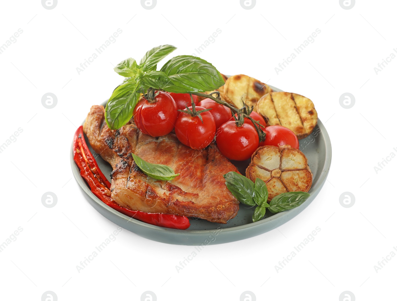 Photo of Plate with tasty grilled vegetables, meat and basil isolated on white