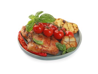 Plate with tasty grilled vegetables, meat and basil isolated on white