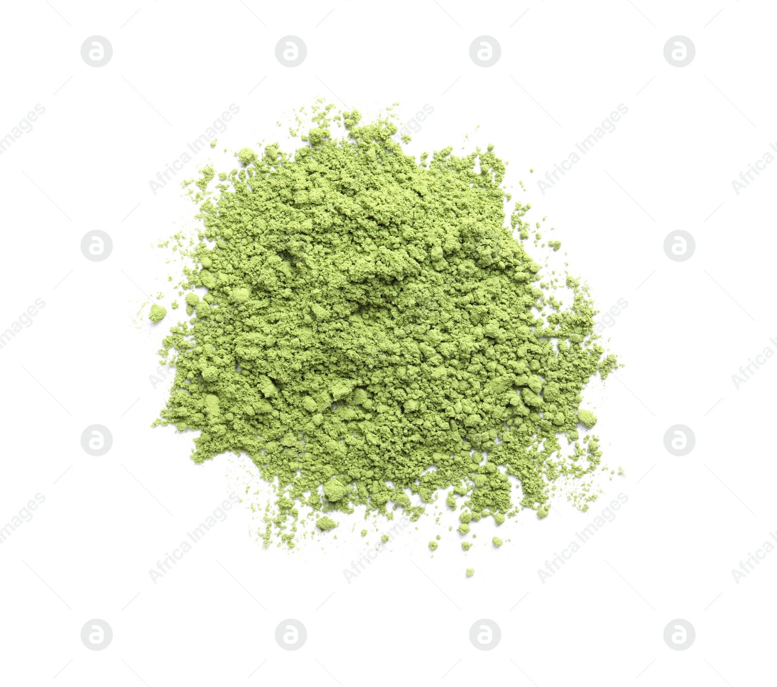 Photo of Pile of green matcha powder isolated on white, top view