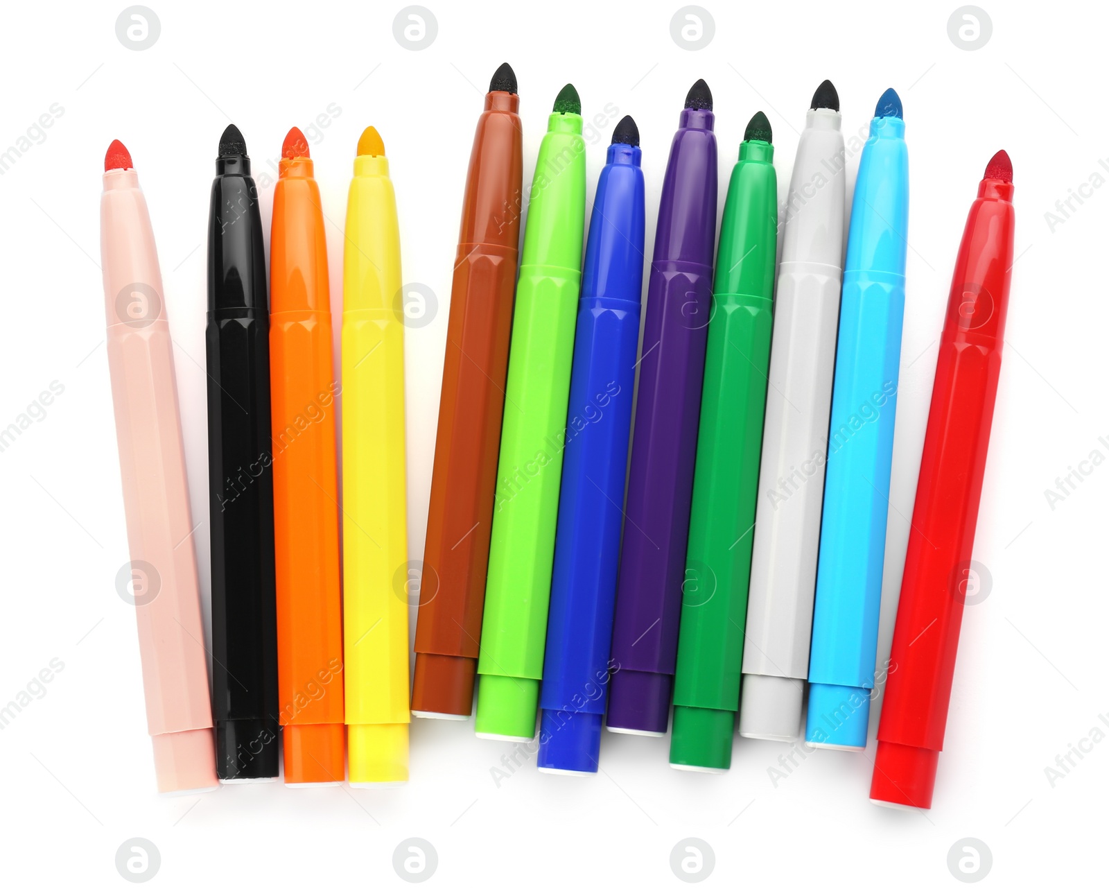 Photo of Many different colorful markers on white background, top view