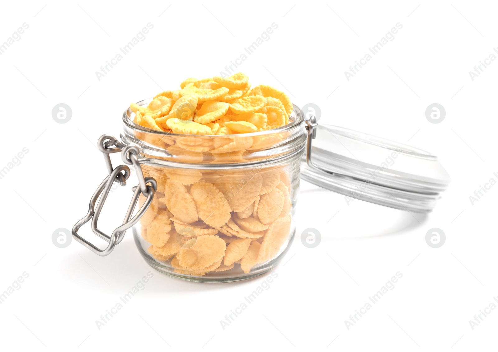 Photo of Glass jar with corn flakes isolated on white