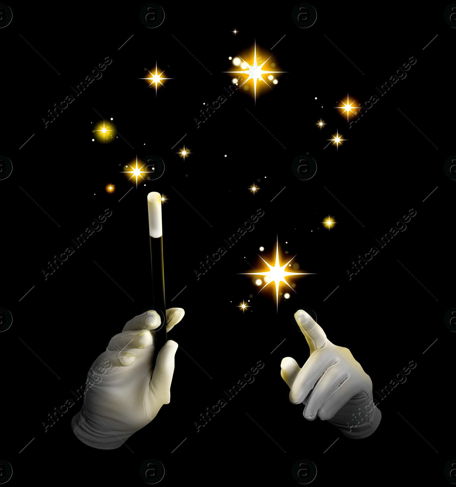 Image of Magician with magic wand performing trick on black background, closeup