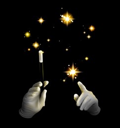 Image of Magician with magic wand performing trick on black background, closeup