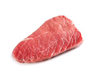 Photo of Piece of raw beef on white background. Natural food high in protein