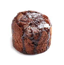 Delicious fresh fondant with hot chocolate on white background. Lava cake recipe