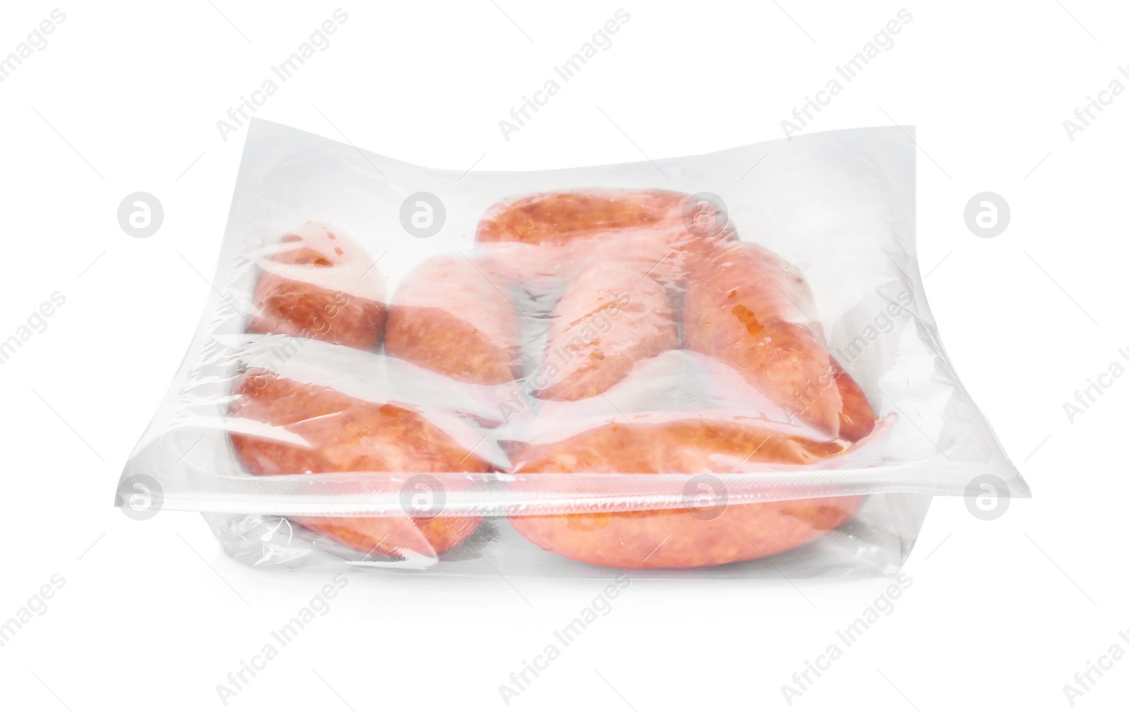 Photo of Tasty sausages on white background. Meat product