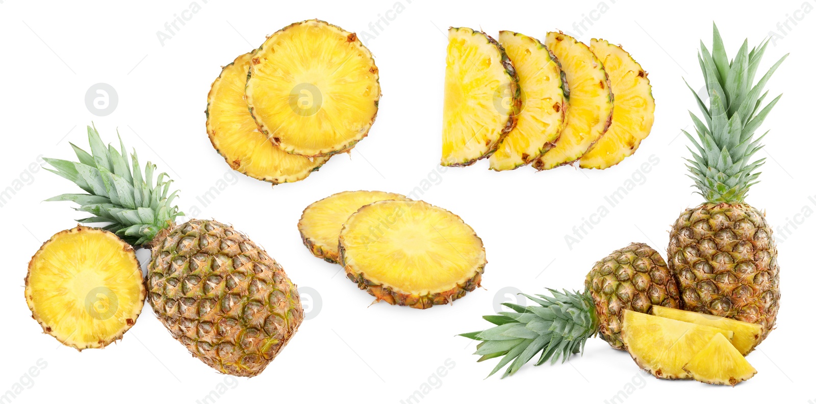 Image of Set with cut and whole pineapples isolated on white