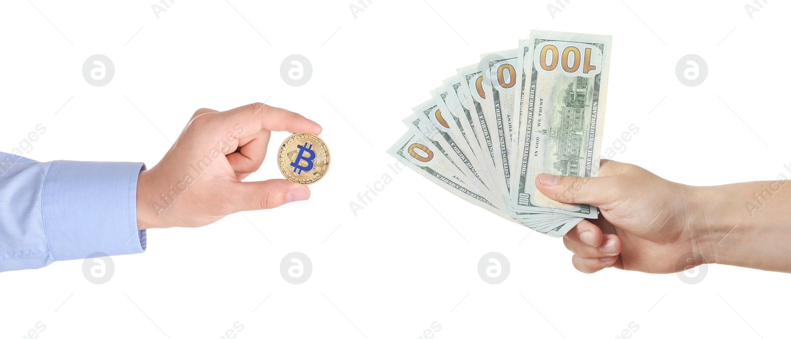 Image of Cryptocurrency exchange. Men holding dollar banknotes and bitcoin on white background, closeup