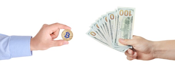 Cryptocurrency exchange. Men holding dollar banknotes and bitcoin on white background, closeup