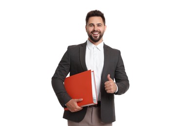 Photo of Happy man with folder showing thumb up on white background