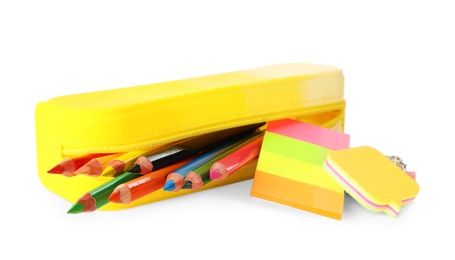 Photo of Set of colorful school stationery on white background