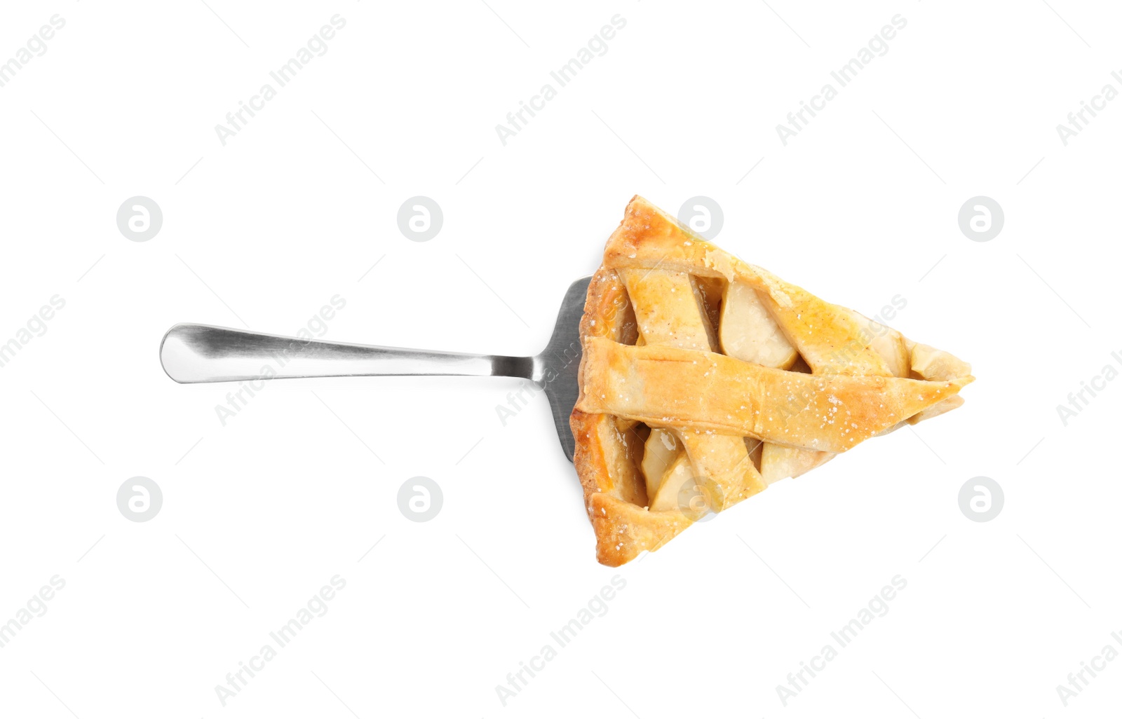 Photo of Slice of delicious traditional apple pie isolated on white, top view