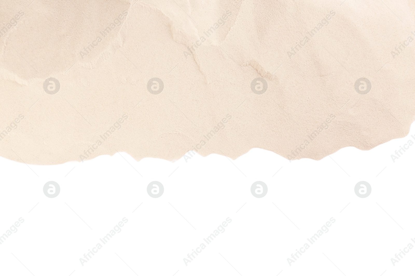 Photo of Dry beach sand on white background, top view