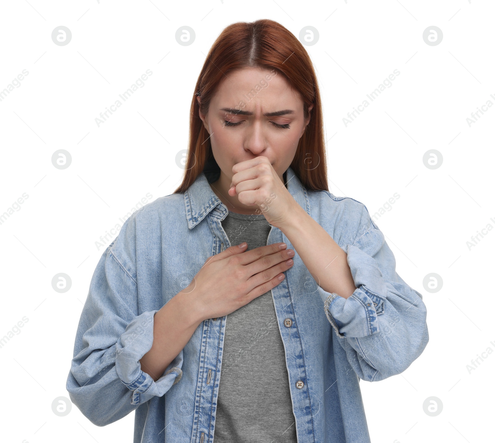 Photo of Woman coughing on white background. Cold symptoms