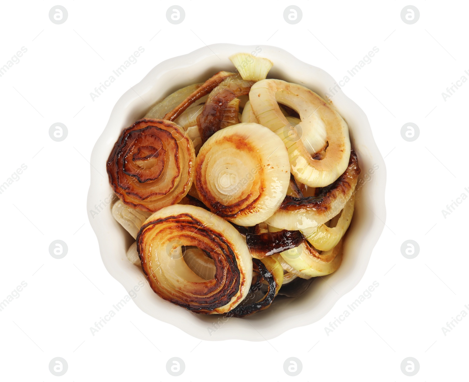 Photo of Tasty fried onion in bowl isolated on white, top view