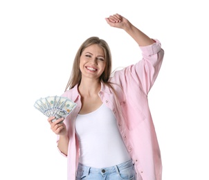 Photo of Portrait of happy young woman with money on white background