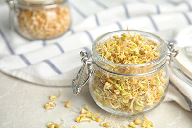 Photo of Jar of sprouted green buckwheat on light table, closeup