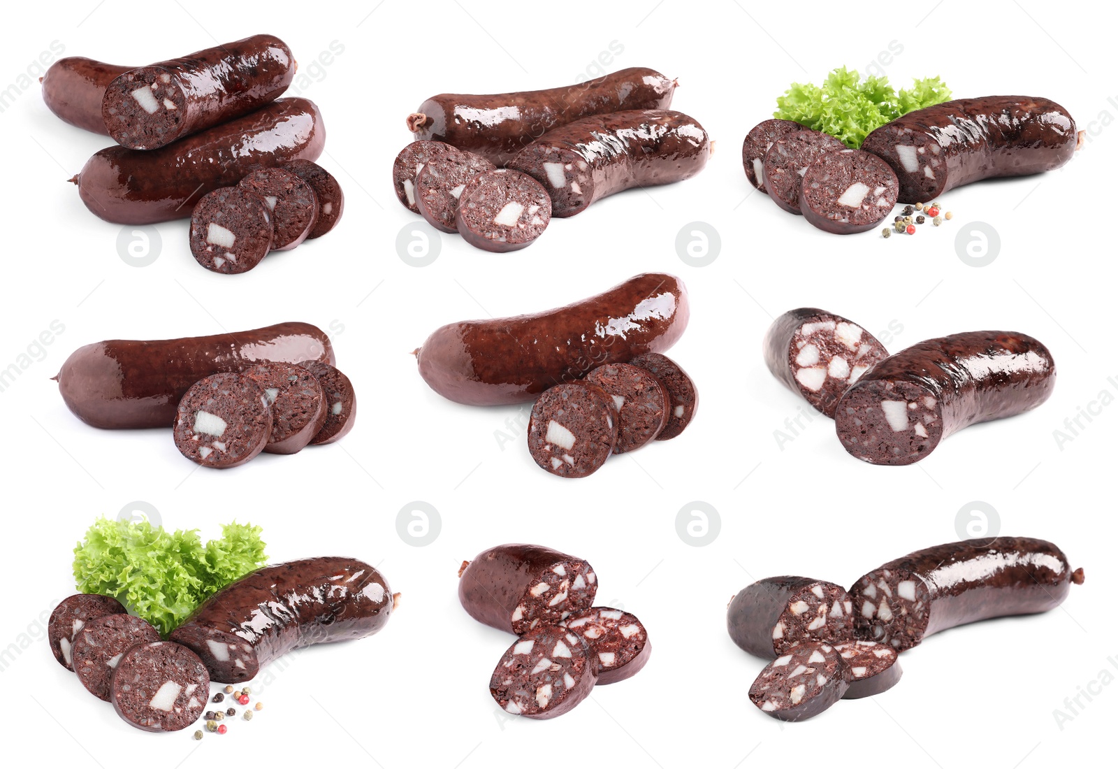 Image of Set with tasty blood sausages on white background 