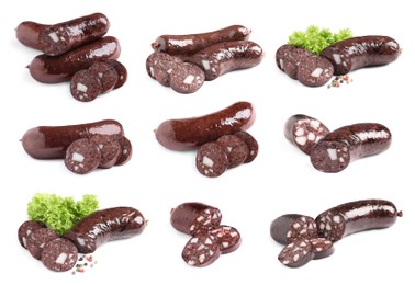Image of Set with tasty blood sausages on white background 