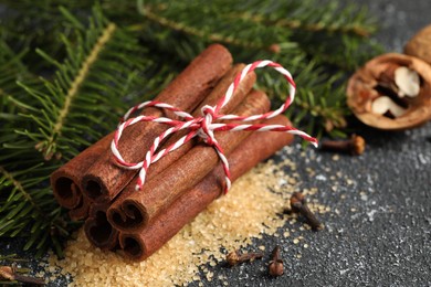 Photo of Different aromatic spices and fir branches on grey textured table, closeup