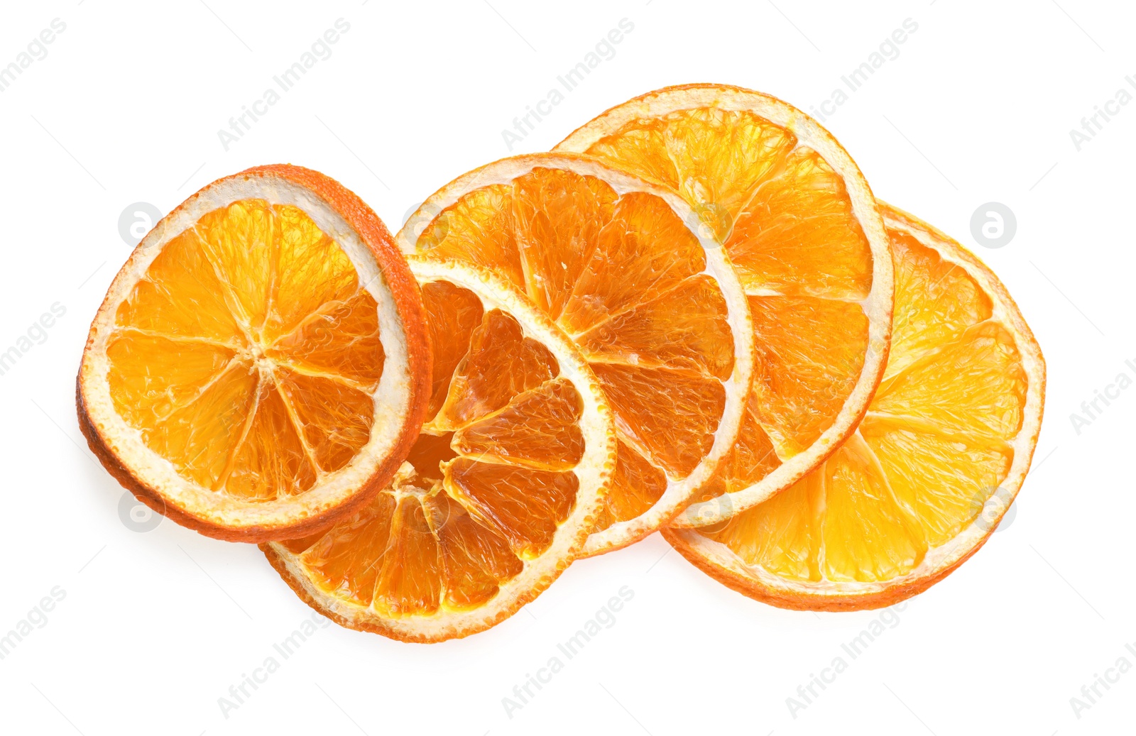Delicious dry orange slices on white background, top view Photo of Delicious dry orange slices on white background, top view