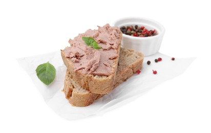 Photo of Delicious liverwurst sandwich and spices on white background