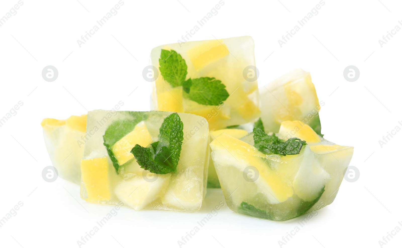 Photo of Ice cubes with mint and lemon on white background