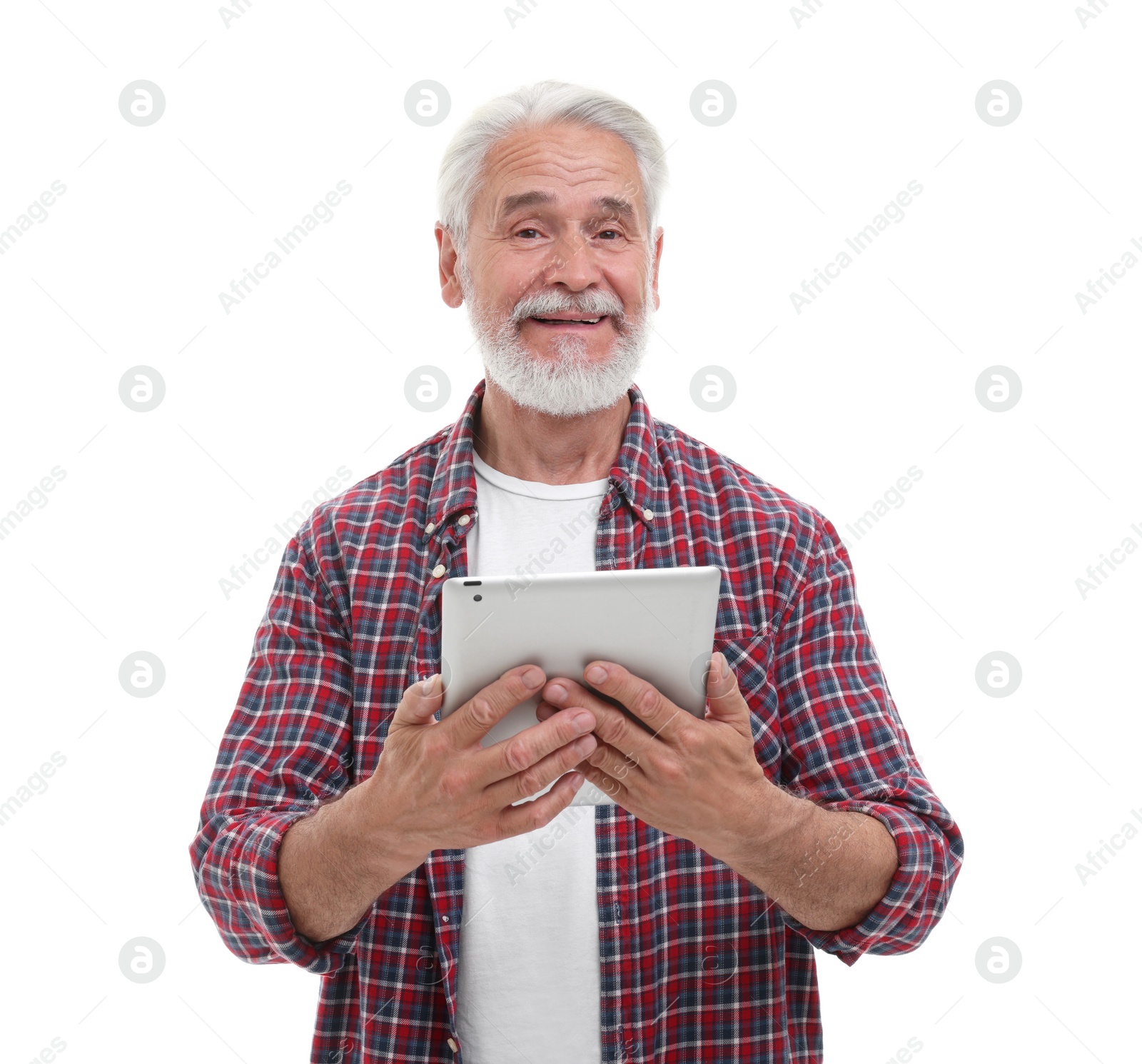 Photo of Happy man with tablet on white background