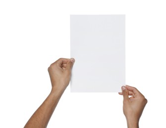 Man holding sheet of paper on white background, closeup. Mockup for design