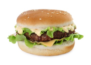 Photo of Delicious cheeseburger with lettuce, sauce and patty isolated on white