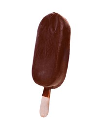 Photo of Delicious chocolate-glazed ice cream bar isolated on white, top view