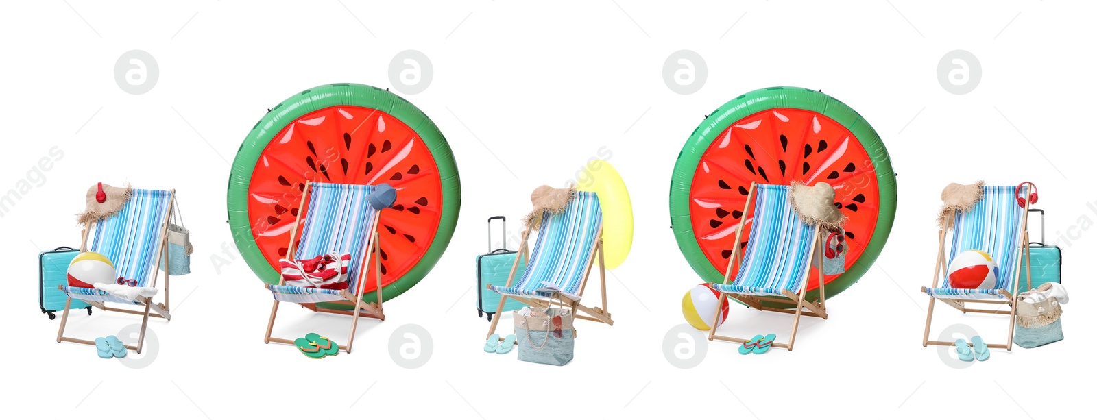 Image of Deck chair with beach accessories isolated on white, set