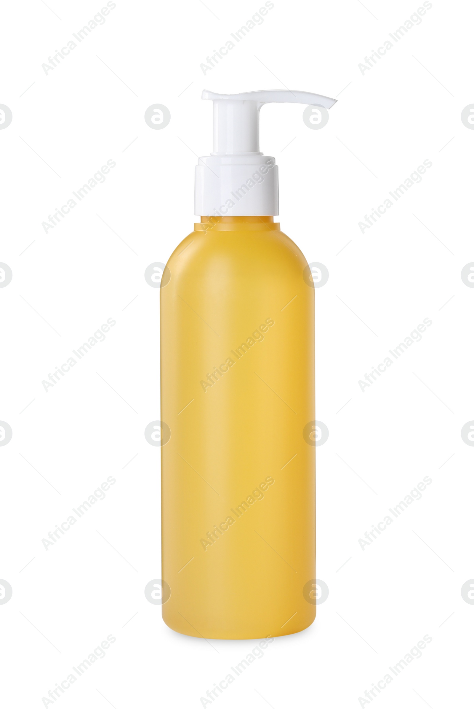 Photo of Bottle of face cleansing product isolated on white