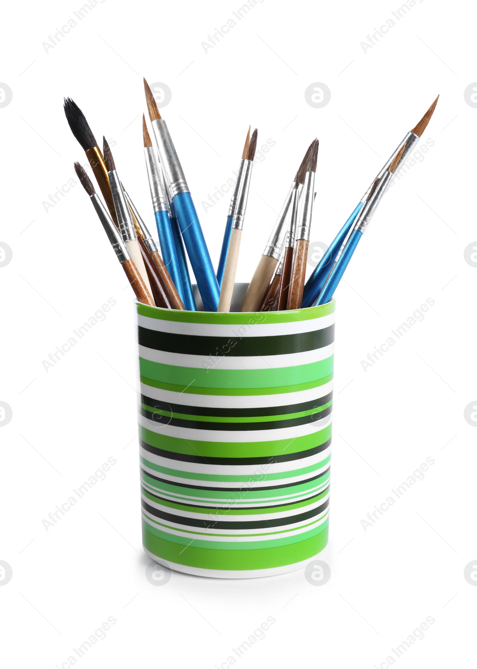 Photo of Holder with different paint brushes on white background