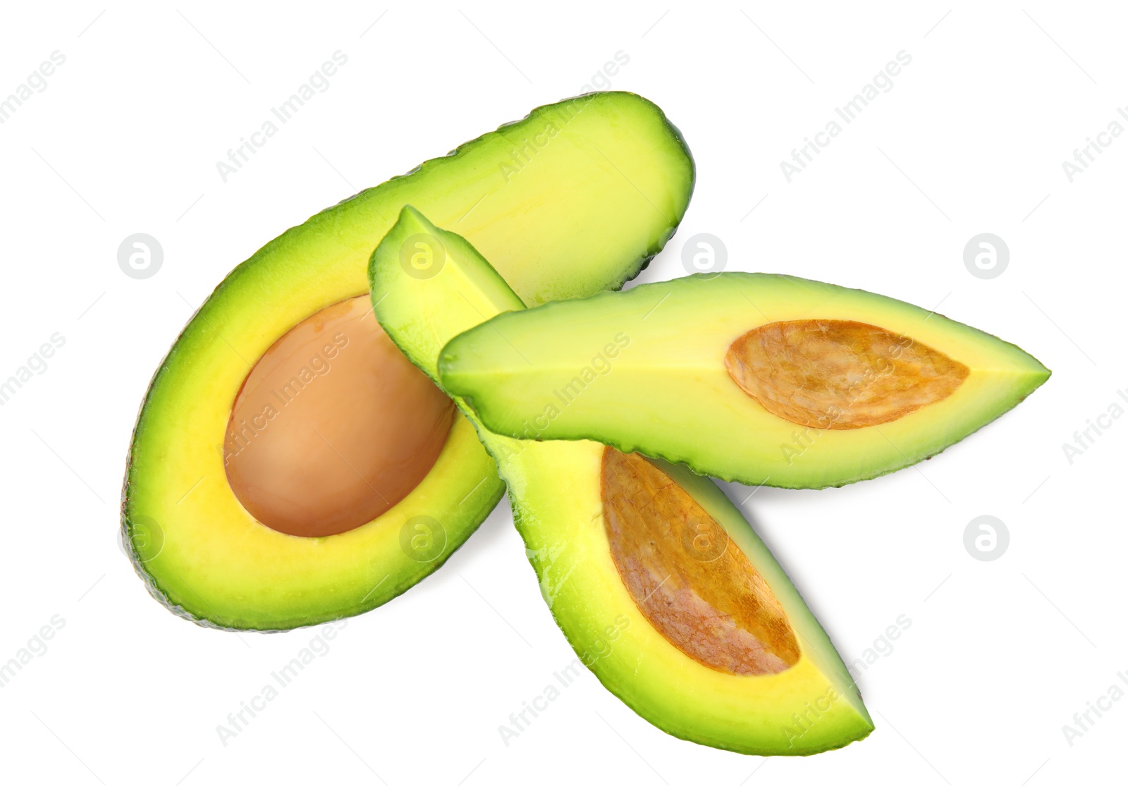 Photo of Tasty ripe avocados on white background, top view. Tropical fruit