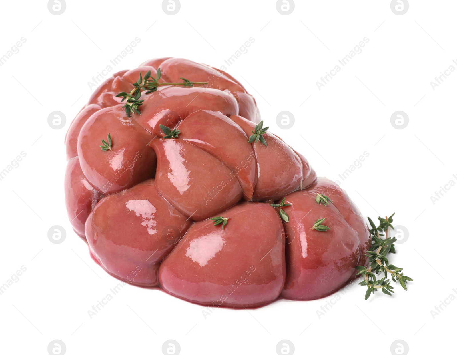 Photo of Fresh raw kidney meat with thyme isolated on white